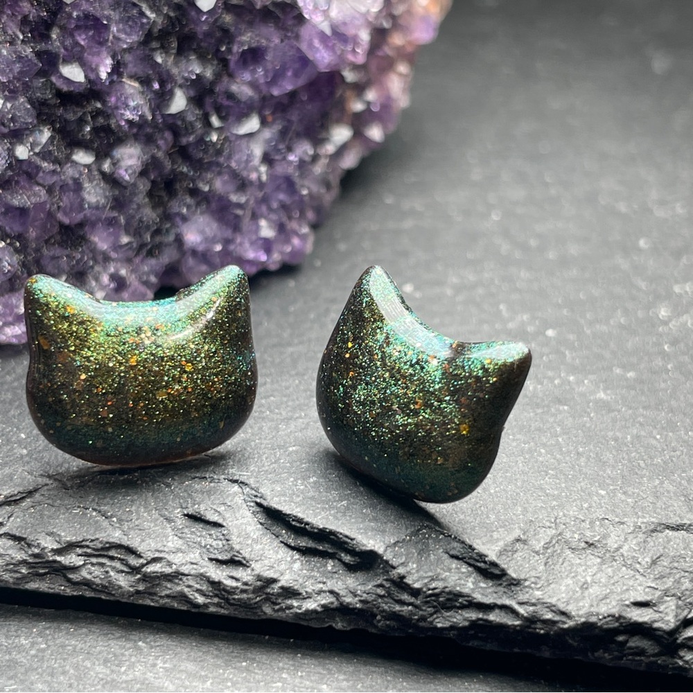 2/$18 Custom Made Army Green Cat Stud Earrings Hand Poured Resin